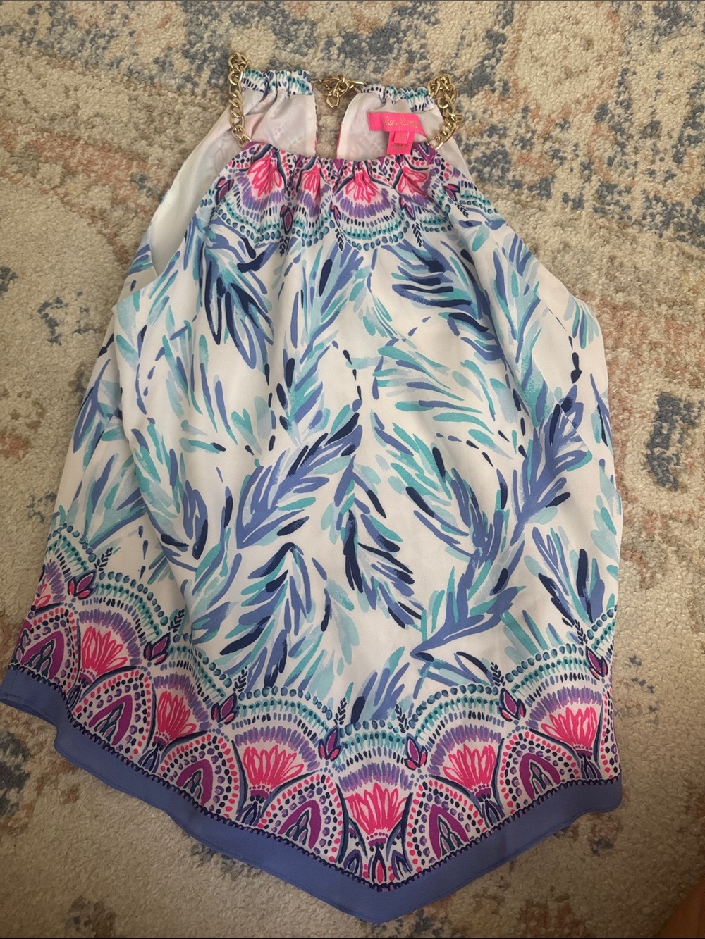 Lilly Pulitzer Blue, Pink & Teal Halter Tank with Gold Chain Straps